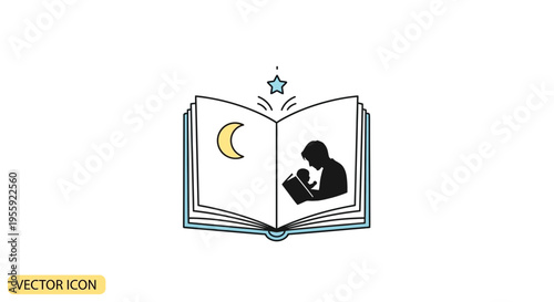 Bedtime Story Icon: Parent Reading to Child Under Moon and Star
