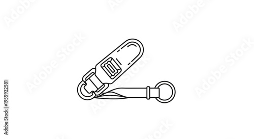 Black and White Line Art Icon of a Carabiner Clip with Strap and Ring