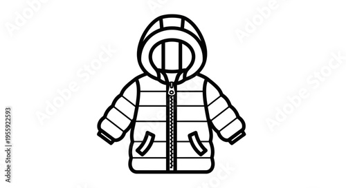 Black and White Outline Icon of a Puffer Jacket with Hood and Pockets