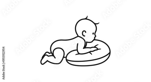 Baby on tummy time on pillow, line art illustration, development, learning, playing