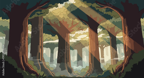 Captivating stylized forest scene with towering trees illuminated by ethereal sunbeams breaking through lush green canopy, creating serene and