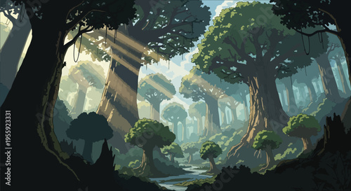 Serene pixelated forest stream with sun-drenched ancient trees and lush foliage