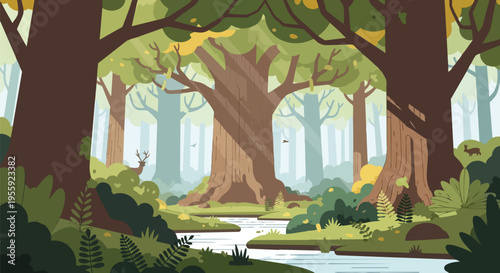 An illustrative vibrant forest landscape showcases colossal trees, a meandering river, lush undergrowth, and subtle wildlife, all bathed in dappled