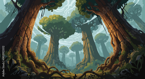 Ancient forest majesty with towering arboreal giants creating a serene arboreal canopy vista