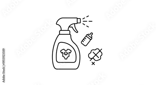 Baby bottle cleaning spray icon, baby clothes and no germs symbol