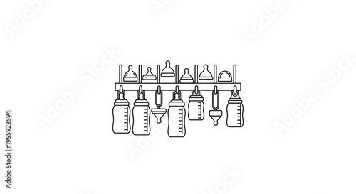 Baby bottle drying rack with multiple baby bottles and accessories