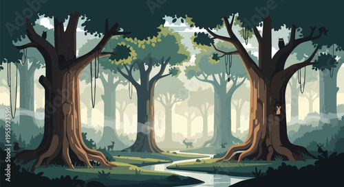 Enchanted forest scene with winding river and abundant wildlife, serene natural habitat illustration