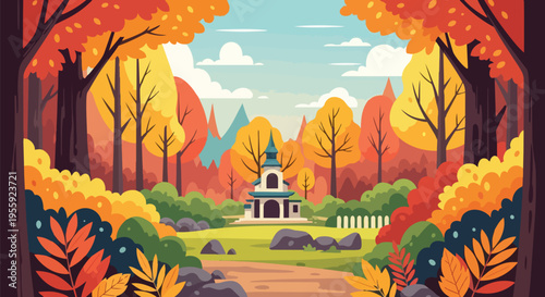 A tranquil autumn scene showcases a charming pagoda within a vibrant forest, leaves ablaze in red, orange, and gold, along a serene pathway under a
