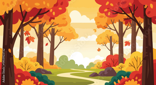 A serene autumnal forest scene with a winding path through vibrant foliage and towering trees bathed in warm golden light a beautiful natural