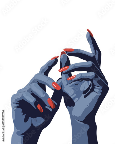 Two stylized blue hands with long, pointed red fingernails reaching towards each other against a white background.
