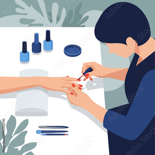 A manicurist applying red nail polish to a client's hand in a salon setting, with various blue nail polish bottles and tools on the table.