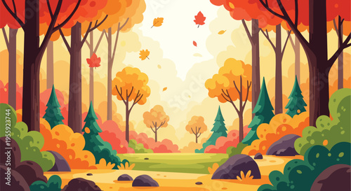 Vibrant autumnal forest panorama featuring colorful trees, crisp falling leaves, and a tranquil woodland path.