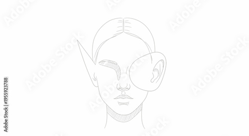 Surreal portrait of a woman with an extra ear and pointed ear, abstract art, line drawing