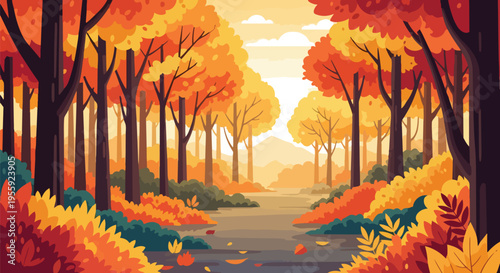A beautiful autumn forest scene depicted with vibrant orange, yellow, and red foliage on tall trees, creating a colorful and serene natural pathway