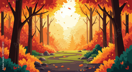 A captivating autumnal forest path winding through a vibrant woodland showcasing rich red and orange leaves adorning tall trees under a gentle