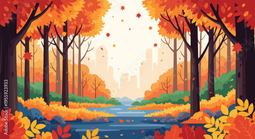 A picturesque autumn landscape with a meandering river through a vibrant forest bordering a distant city skyline