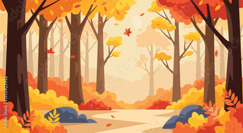 Vibrant autumnal woodland pathway scene with falling leaves and glowing forest floor a picturesque natural setting showcasing seasonal beauty