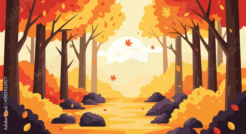 Vibrant autumnal forest path with golden leaves and serene landscape artwork is a beautiful seasonal illustration