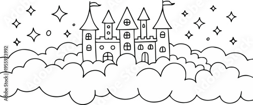 castle fairy tale tower with flags windows doors surrounded by clouds