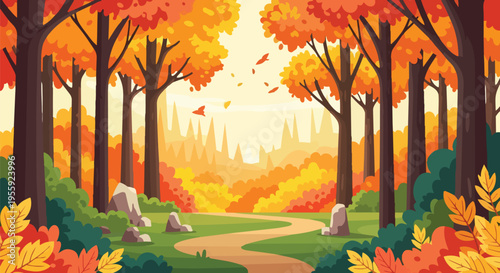 A breathtaking autumnal woodland vista unfolds with a meandering path inviting peaceful strolls, flanked by towering trees ablaze with brilliant red