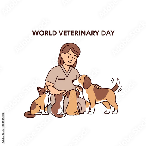 A veterinarian caring for a group of puppies and kittens, celebrating World Veterinary Day.