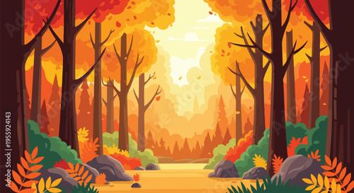 Vibrant autumn forest landscape illustration with golden light filtering through rich red and orange foliage and bare trees along a serene pathway