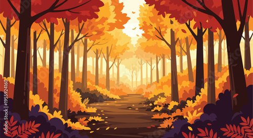 Vibrant autumnal forest pathway winding through a sun-drenched woodland with colorful foliage