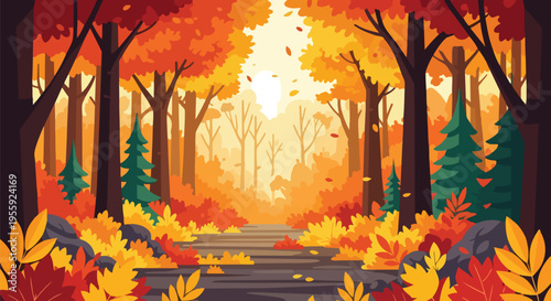 A captivating pathway through a vibrant autumn forest with colorful foliage and warm light
