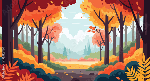 A charming illustrative autumnal forest scene with vibrant, warm-toned foliage and a serene pathway leading deeper into nature's seasonal beauty a