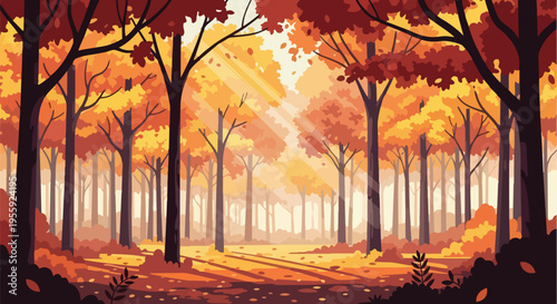 Vibrant autumn forest landscape with golden sunlight filtering through colorful tree canopies and scattered leaves