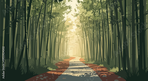 A tranquil bamboo forest with a winding path, beautifully lit by dappled sunlight through tall green stalks, inviting a peaceful journey into