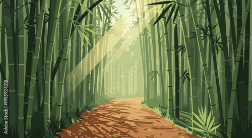 A tranquil pathway winds through a dense bamboo forest with vibrant green stalks bathed in ethereal sunbeams casting intricate shadows upon the