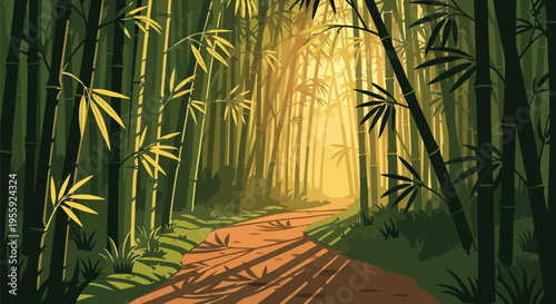 A serene illustration of a winding forest path bathed in golden sunlight, guiding observers deeper into an enchanting bamboo grove with verdant