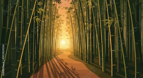 Stylized bamboo forest path at sunset, warm golden light, long shadows. A serene, tranquil journey through lush greenery, evoking peace and natural