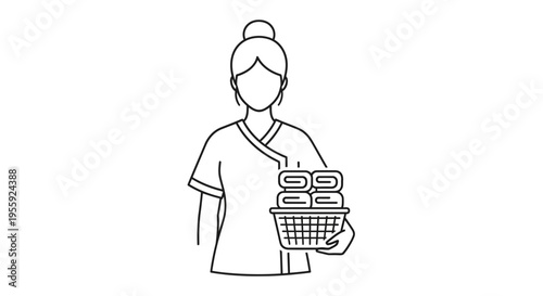 Spa attendant holding basket with folded towels, icon illustration