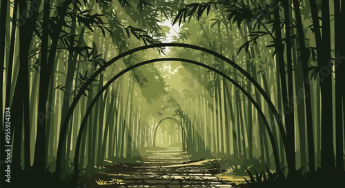 Serene bamboo forest pathway illuminated by ethereal sun rays creating a tranquil natural tunnel