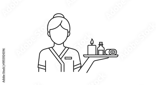Spa attendant with massage oil, candle, and rolled towel on tray, wellness concept