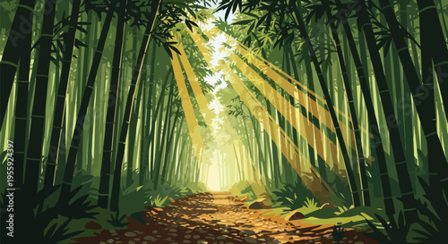Enchanted pathway through a vibrant bamboo forest bathed in golden sunbeams