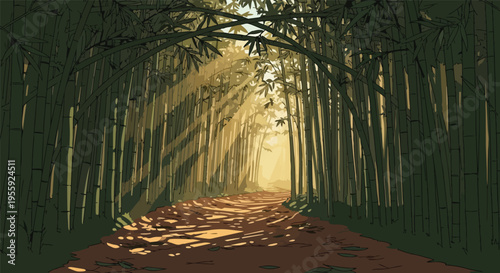 Golden light bathes a tranquil path winding through a dense bamboo forest creating a serene natural landscape scene with dappled shadows and a