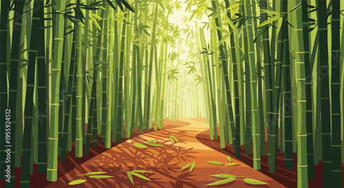 Winding path through a vibrant bamboo grove bathed in ethereal sunlight a tranquil journey into nature's verdant embrace offering serenity and
