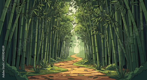 A captivating journey through a vibrant bamboo forest, where a winding path invites exploration and serenity amidst towering green stalks, bathed in
