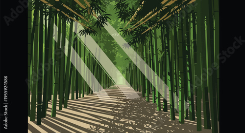 Sunlit bamboo grove path with vibrant green stalks and dancing shadows a serene natural escape