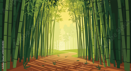 Journey into the emerald heart of a sun-dappled bamboo grove, where a winding earthen path invites tranquil exploration through nature's verdant