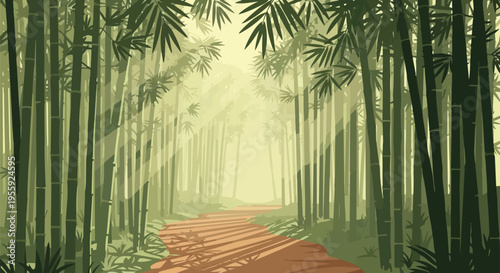 Tranquil vector illustration of a sun-dappled bamboo grove path creating a peaceful forest journey