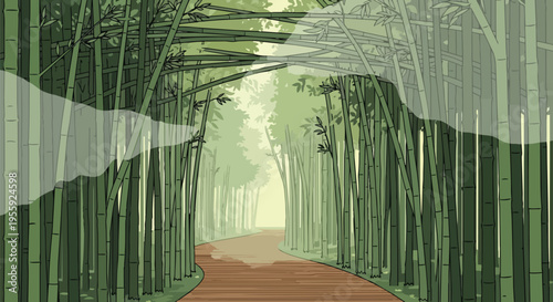 A captivating visual journey along a peaceful winding pathway deeply nestled within an expansive vibrant green bamboo forest bathed in soft ethereal