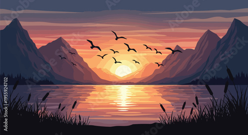 A serene vector illustration portraying a vibrant sunset over a calm mountain lake, featuring silhouetted birds gracefully soaring against a