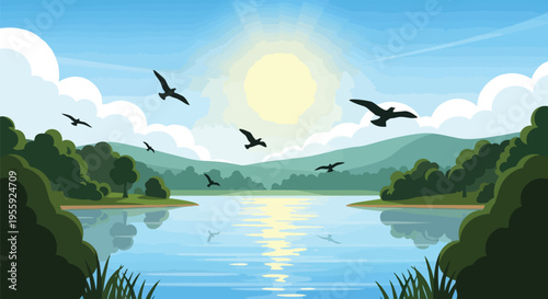 Peaceful vector art showing birds over a calm lake reflecting the sun, framed by lush green trees and rolling hills under a beautiful blue sky.