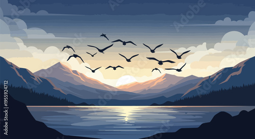 Serene mountain panorama at twilight with flock of birds gracefully soaring above tranquil waters and sunlit peaks