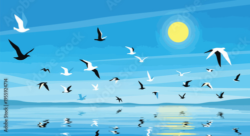 A serene vector illustration of a dynamic flock of stylized birds soaring freely above peaceful reflective waters beneath a radiant sunlit sky