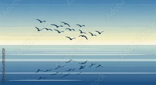 An expansive, serene illustrative panorama depicting a harmonious flock of seabirds in synchronized flight across a calm, reflective ocean under a